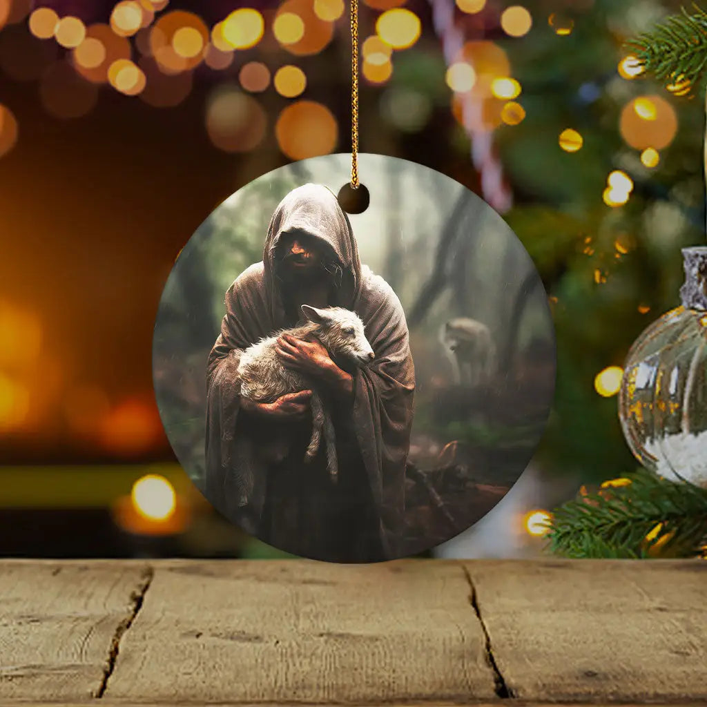 Faith-based ornament of Jesus carrying a lost sheep, a symbol of love and care in Christian decor / Circle.