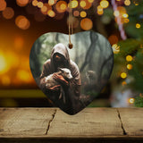 Jesus carrying a lost sheep ornament, symbolizing God's love and faith in Christian Christmas decor / Heart.