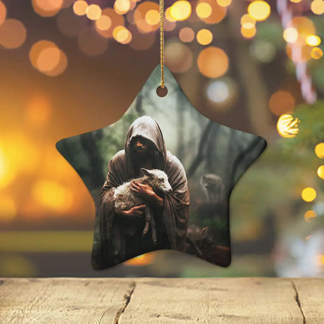 Jesus carrying a lost sheep ornament, representing redemption and faith, ideal for Christian gifts / Star.