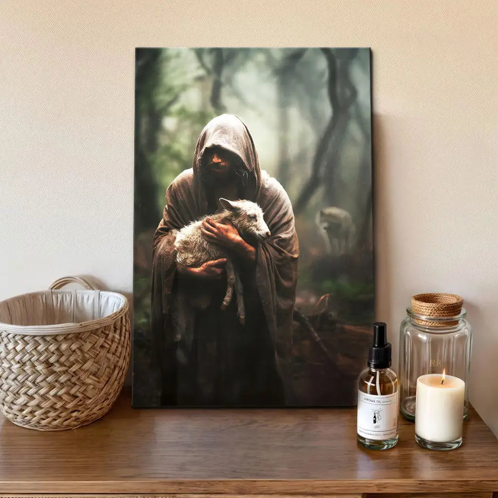 Portrait Christian wall art of Jesus carrying lost lamb, faith-based gift with Bible verse and love.