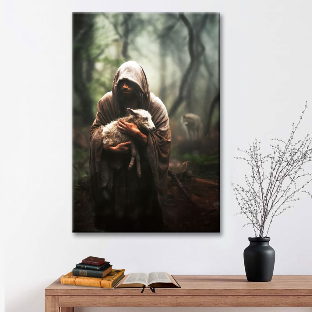 Jesus carrying the lost sheep canvas, Christian wall decor