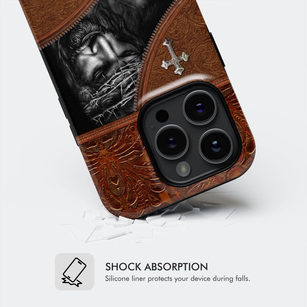 Phone case with &#39;Faith Over Fear&#39; message and Jesus Christ, perfect for Christian gifts.