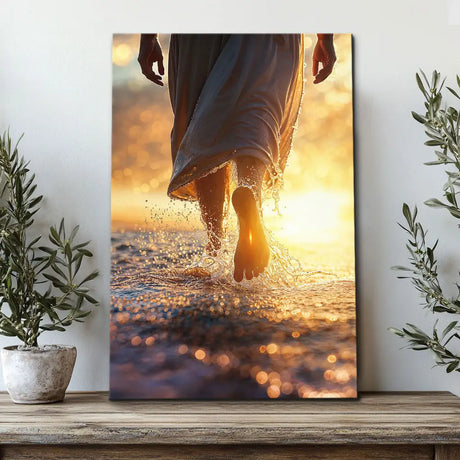Jesus Christ walking on water wall art canvas, Christian artwork, a powerful painting of faith and miracles.