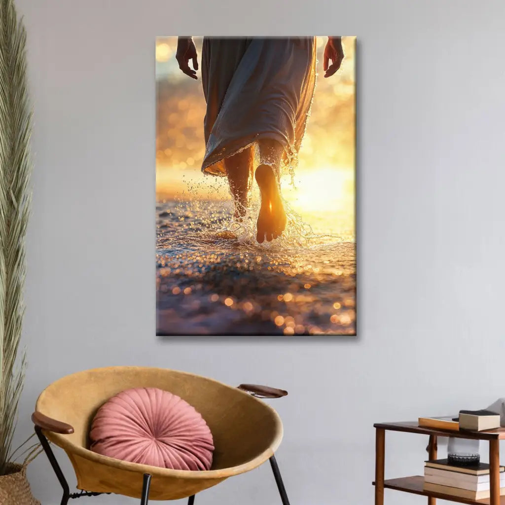 Christian artwork canvas with Jesus walking on water, an uplifting reminder of faith and trust in God.