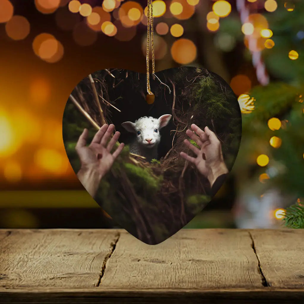 Jesus’ Hand Reaching Out to Rescue a Lamb Ornament Heart / 1-pack