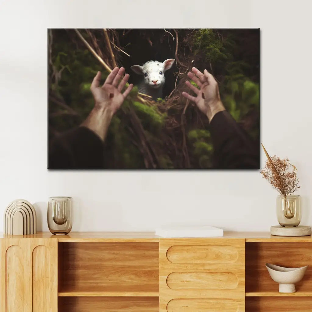 Christian wall art of Jesus' hand rescuing lamb, faith-based gift with scripture about the lost sheep.