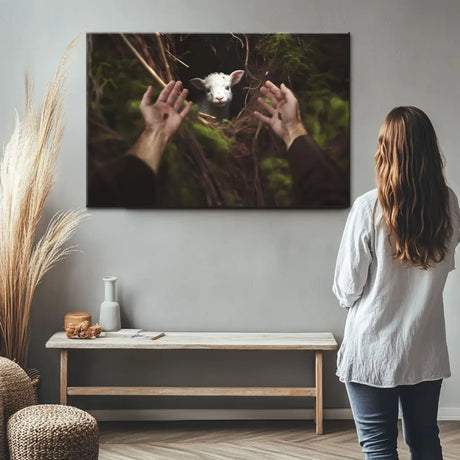 Jesus rescuing lost sheep wall art, faith-based Christian décor with love, scripture, and inspiration.