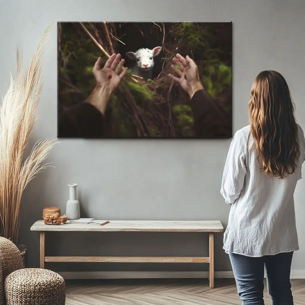 Jesus rescuing lost sheep wall art, faith-based Christian décor with love, scripture, and inspiration.