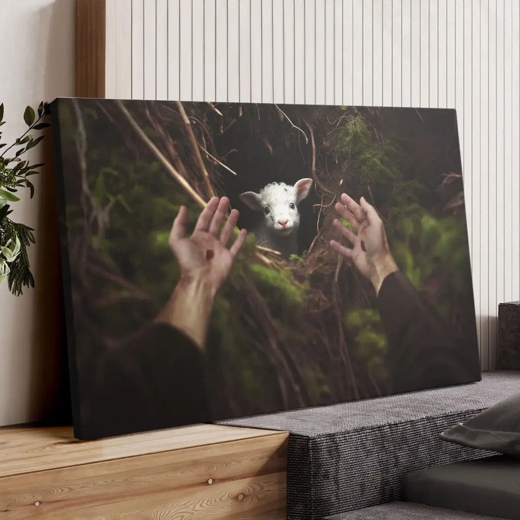 Faith-based artwork of Jesus' hand saving a lamb, a meaningful Christian gift for friends or family on special occasions.