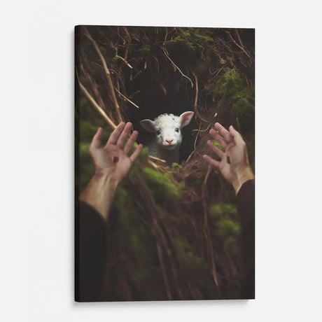 Portrait canvas art of Jesus rescuing a lamb, a meaningful addition to Christian wall decor.