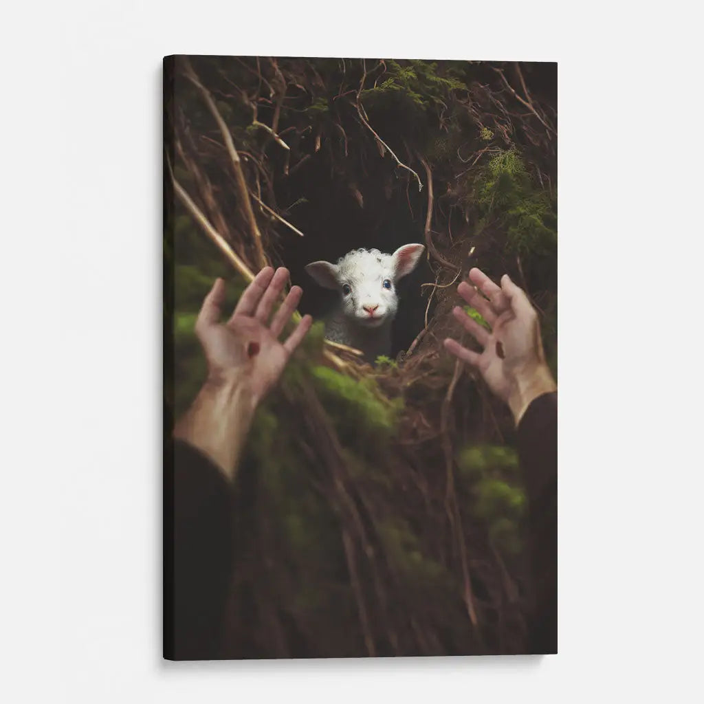 Portrait canvas art of Jesus rescuing a lamb, a meaningful addition to Christian wall decor.