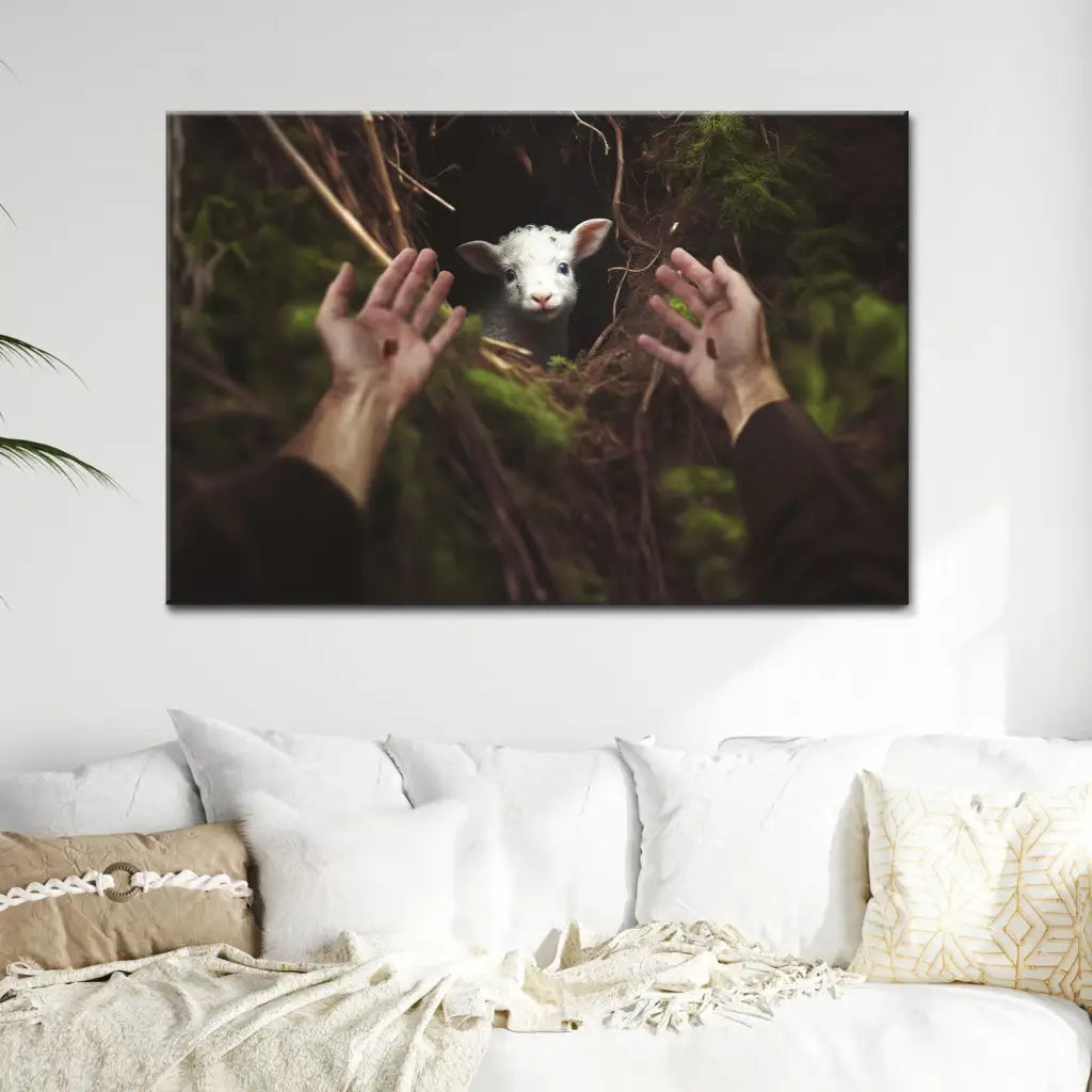 Christian art print of Jesus&#39; hand saving lamb, Bible verse canvas gift about faith and compassion.