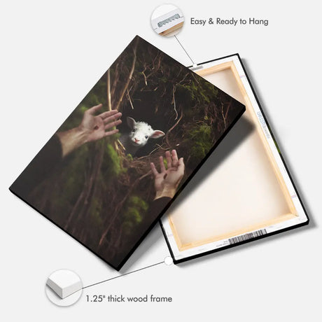 Faith-based wall art of Jesus’ hand and the lost lamb, an uplifting Christian decor piece for any room.
