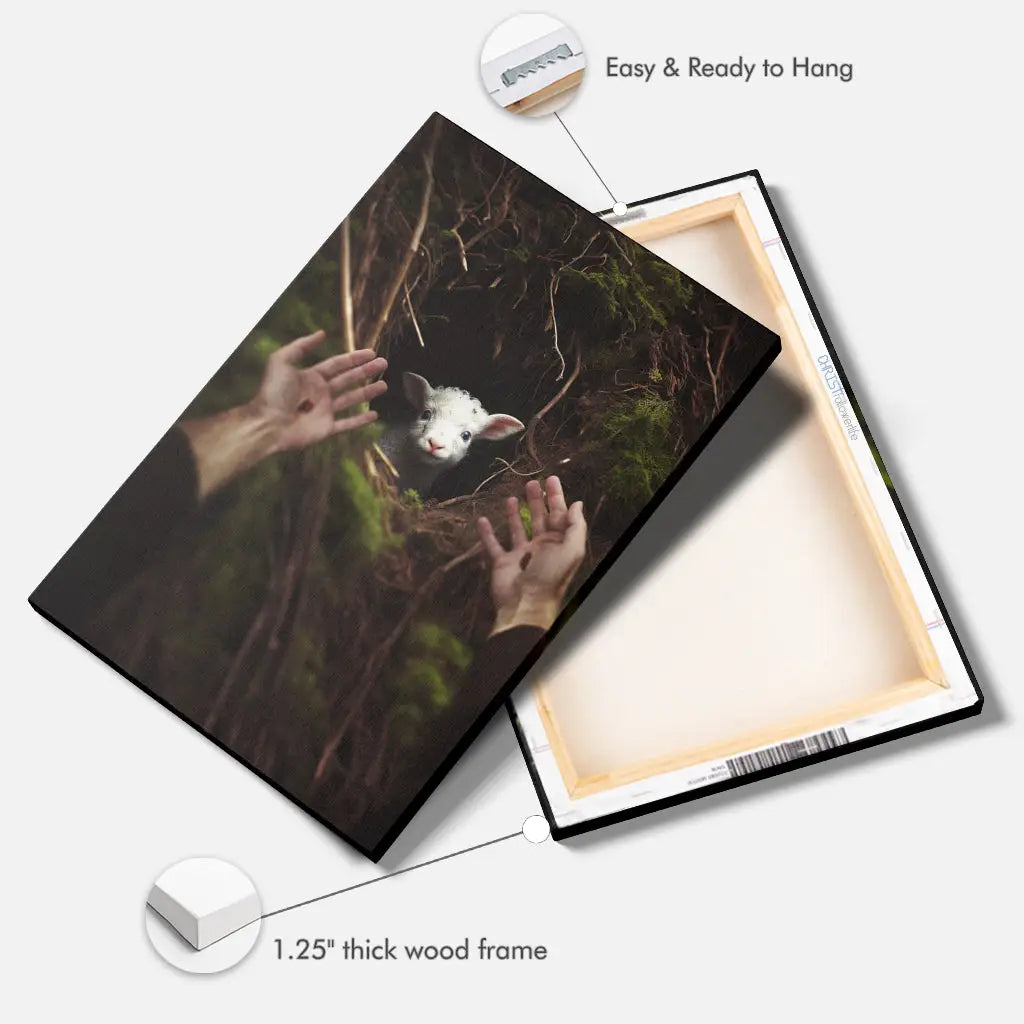 Faith-based wall art of Jesus’ hand and the lost lamb, an uplifting Christian decor piece for any room.