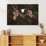 Inspirational Christian canvas with 
Jesus hands and lamb, faith, Bible verse, and religious theme. Landscape / 12’’ x 8’’