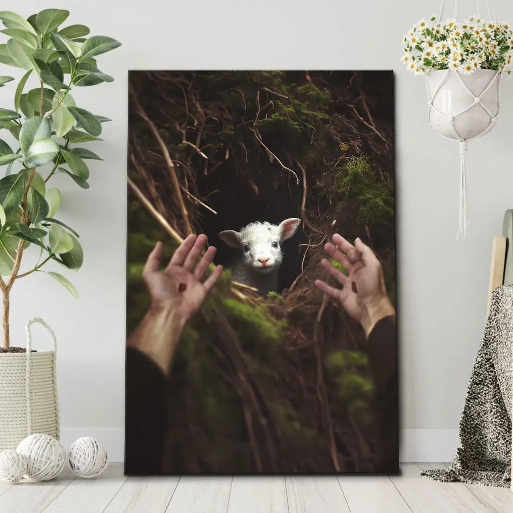 Portrait wall art of Jesus’ hand reaching out to rescue a lamb, a touching Christian artwork for home decor.