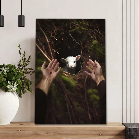 Faith-based canvas of Jesus and lamb, inspirational Christian gift with lost sheep scripture message. Portrait / 8’’ x 12’’
