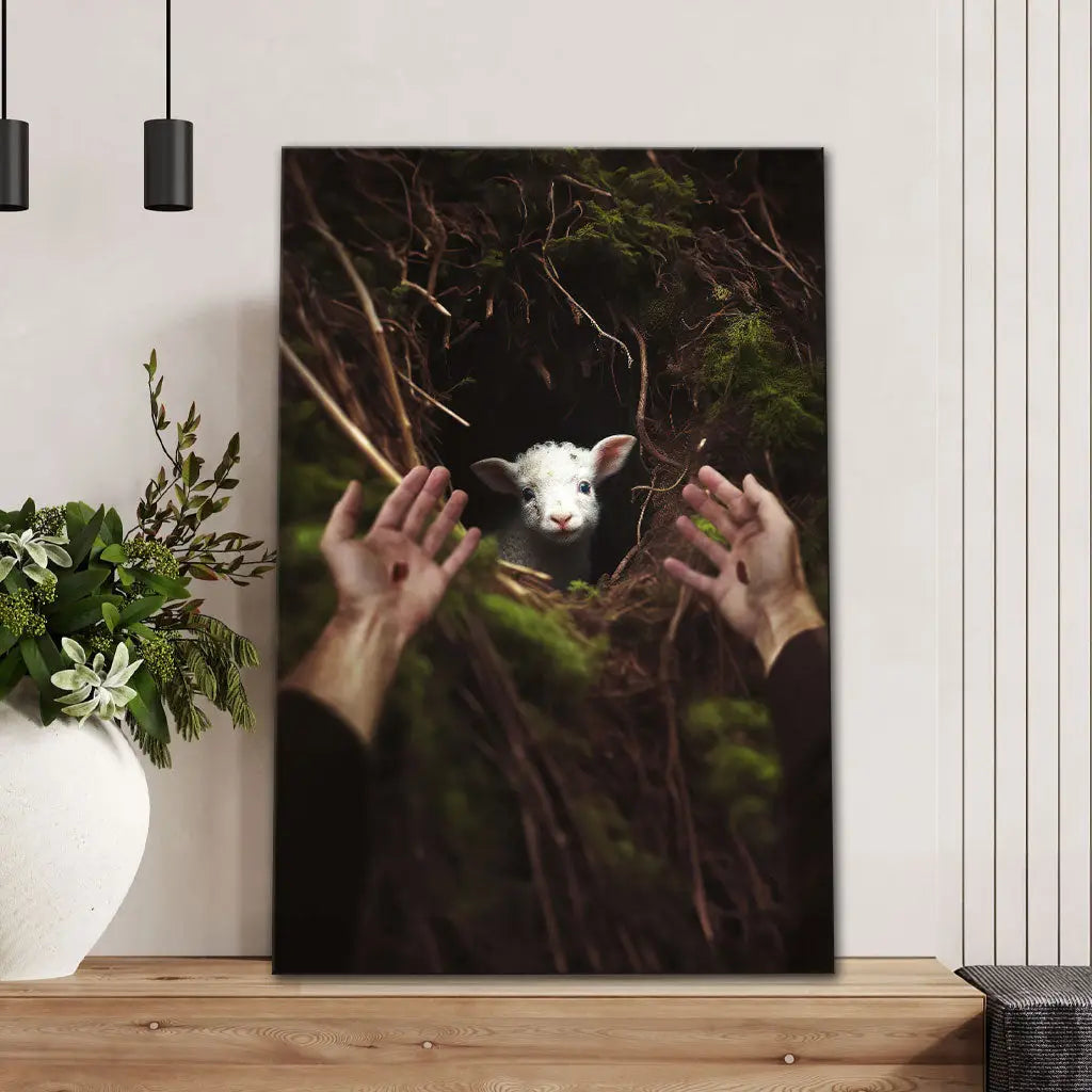 Faith-based canvas of Jesus and lamb, inspirational Christian gift with lost sheep scripture message. Portrait / 8’’ x 12’’