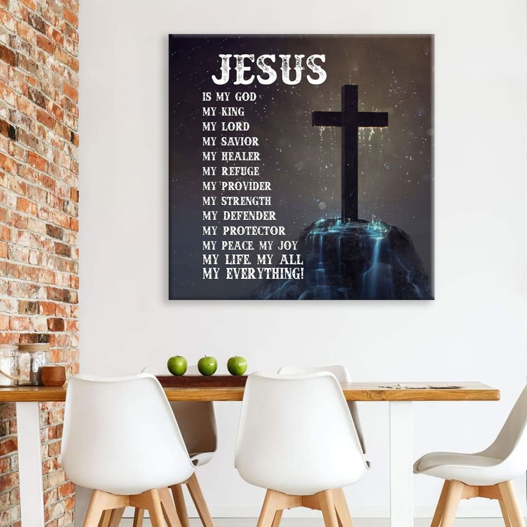 Inspirational canvas print with "Jesus Is My Everything," ideal Christian gift for scripture-inspired home decor.