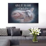 Christian wall art featuring "Give It To God And Go To Sleep" with Jesus holding a lamb, symbolizing the Good Shepherd, perfect faith-based home decor.