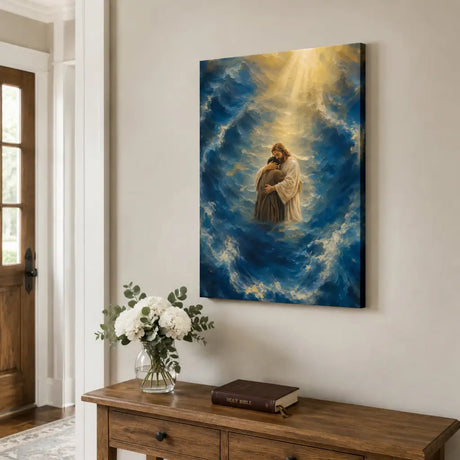 Jesus Holding a Man in the Storm Christian Canvas Wall Art