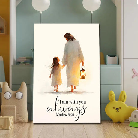 Christian wall art of Jesus holding child’s hand, faith-based gift with Bible verse for comfort and love.