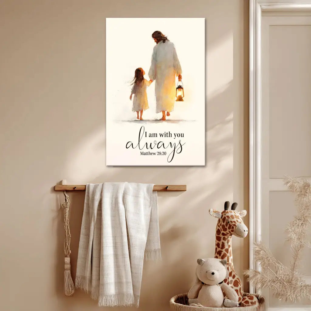 Christian canvas with Jesus and child, Bible verse wall art for comfort, faith, and spiritual support.