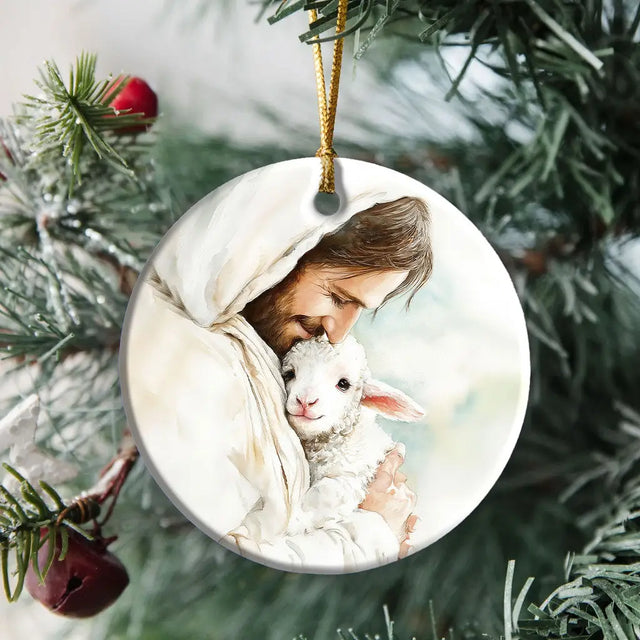 Jesus Holding the Lost Lamb – Good Shepherd Christian Ornament Circle / 1-pack