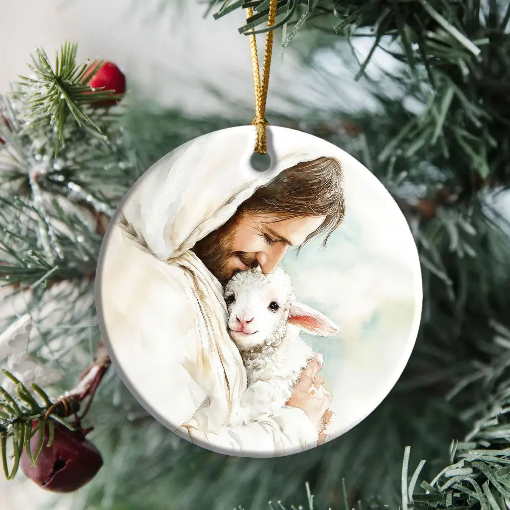 Jesus Holding the Lost Lamb – Good Shepherd Christian Ornament Circle / 1-pack