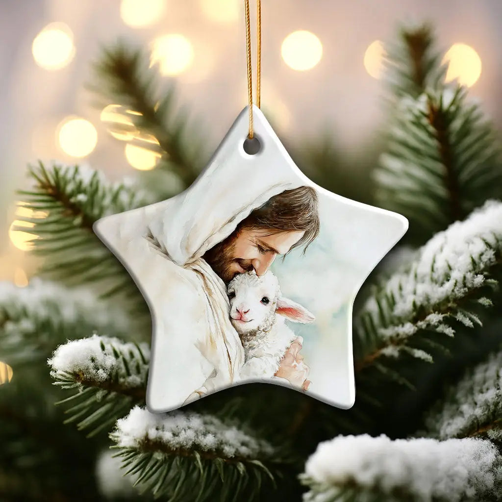 Jesus Holding the Lost Lamb – Good Shepherd Christian Ornament Star / 1-pack