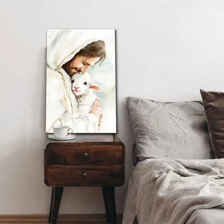Christian wall art depicting Jesus rescuing the lost lamb—powerful image of grace.