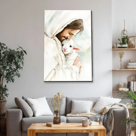 Beautiful canvas of the Good Shepherd comforting and holding His sheep close.