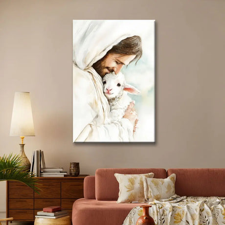 Jesus Holding the Lost Lamb canvas symbolizing love, mercy, and divine protection.