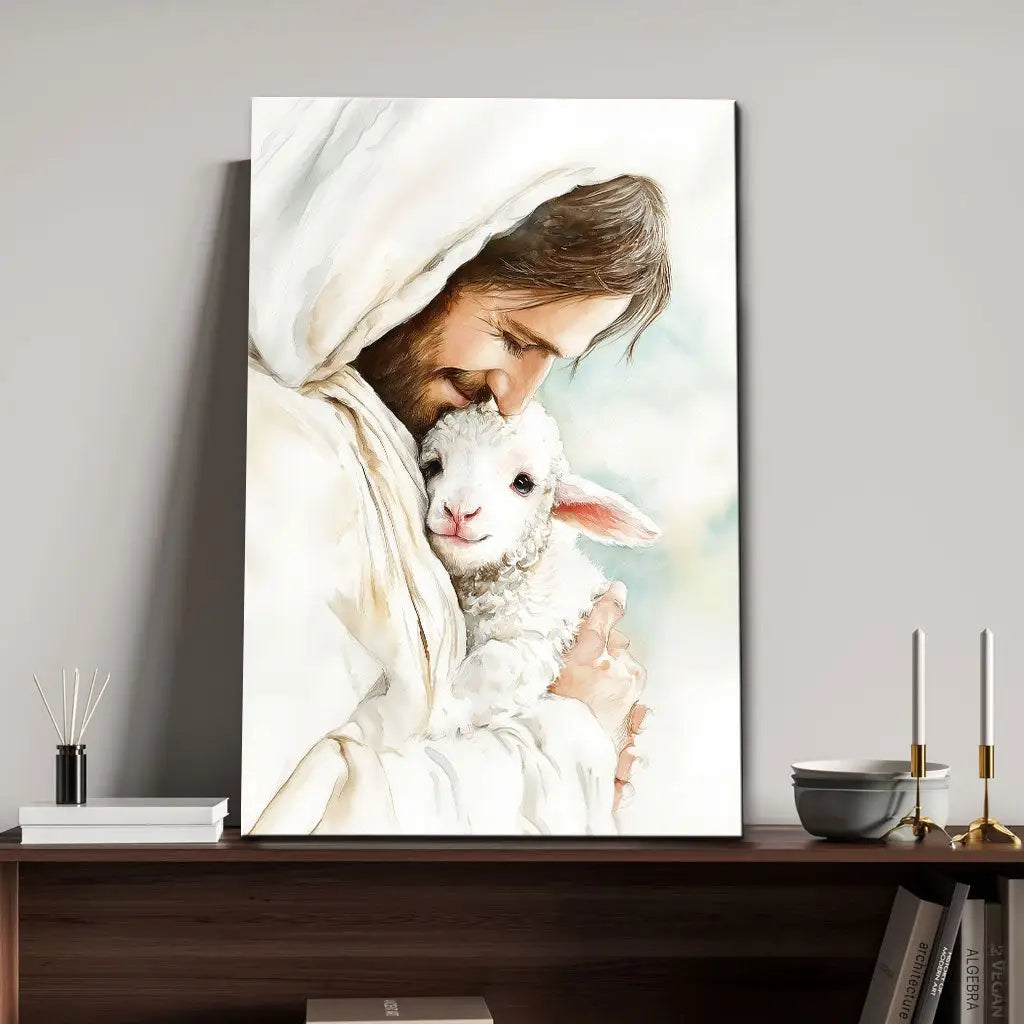 Jesus Holding the Lost Lamb – Good Shepherd Christian Wall Art Canvas