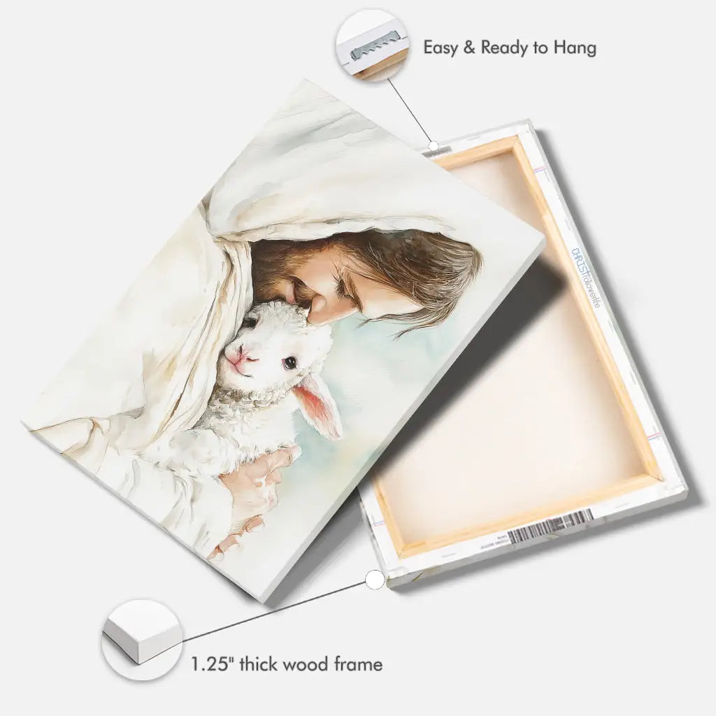 Religious painting showing Jesus carrying a lamb, symbol of forgiveness and care.