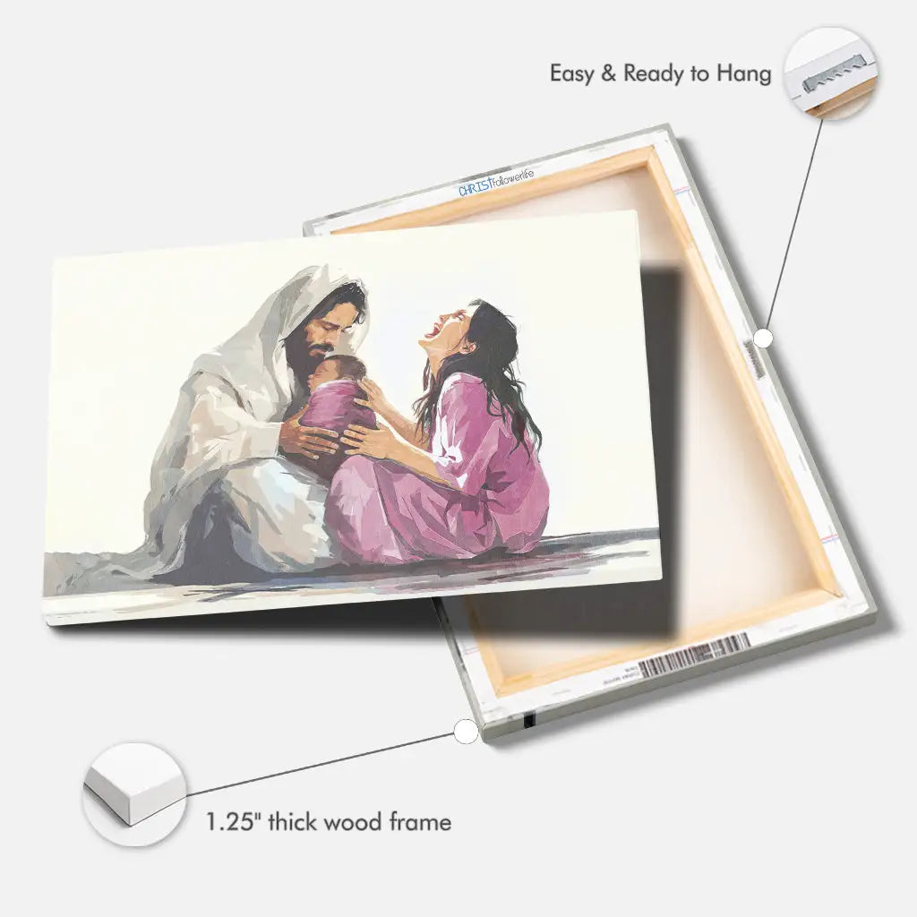 Christian canvas featuring "Jesus Is Close to the Brokenhearted Woman," inspirational Jesus artwork.