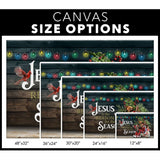 Christian canvas print featuring "Jesus Is the Reason for the Season" with red cardinals and festive design, ideal inspirational holiday wall art.