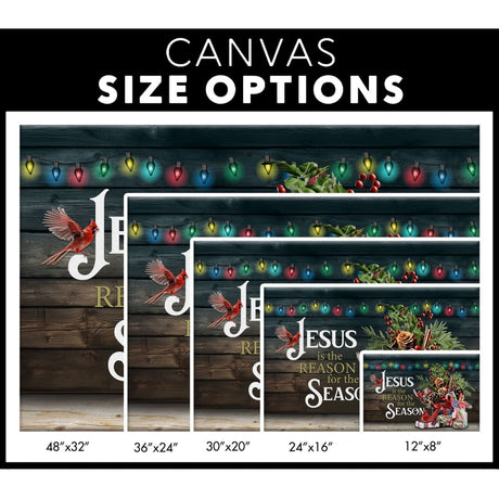 Christian canvas print featuring "Jesus Is the Reason for the Season" with red cardinals and festive design, ideal inspirational holiday wall art.