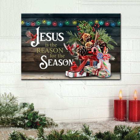 Christian Christmas wall art featuring "Jesus Is the Reason for the Season" with red cardinals and festive design, perfect faith-based holiday decor.