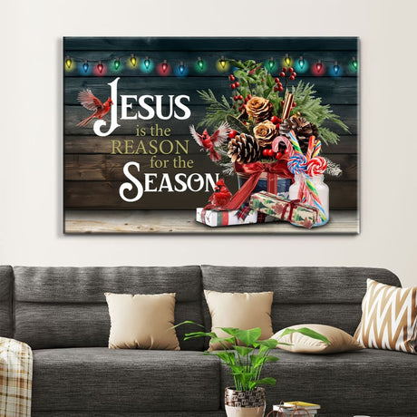Faith-based Christmas wall art displaying "Jesus Is the Reason for the Season" with red cardinals and festive design, great religious holiday decor.