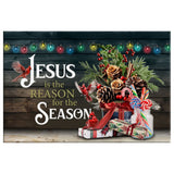 Religious Christmas wall art canvas with "Jesus Is the Reason for the Season," red cardinals, and festive decorations, perfect Christian Christmas gift.