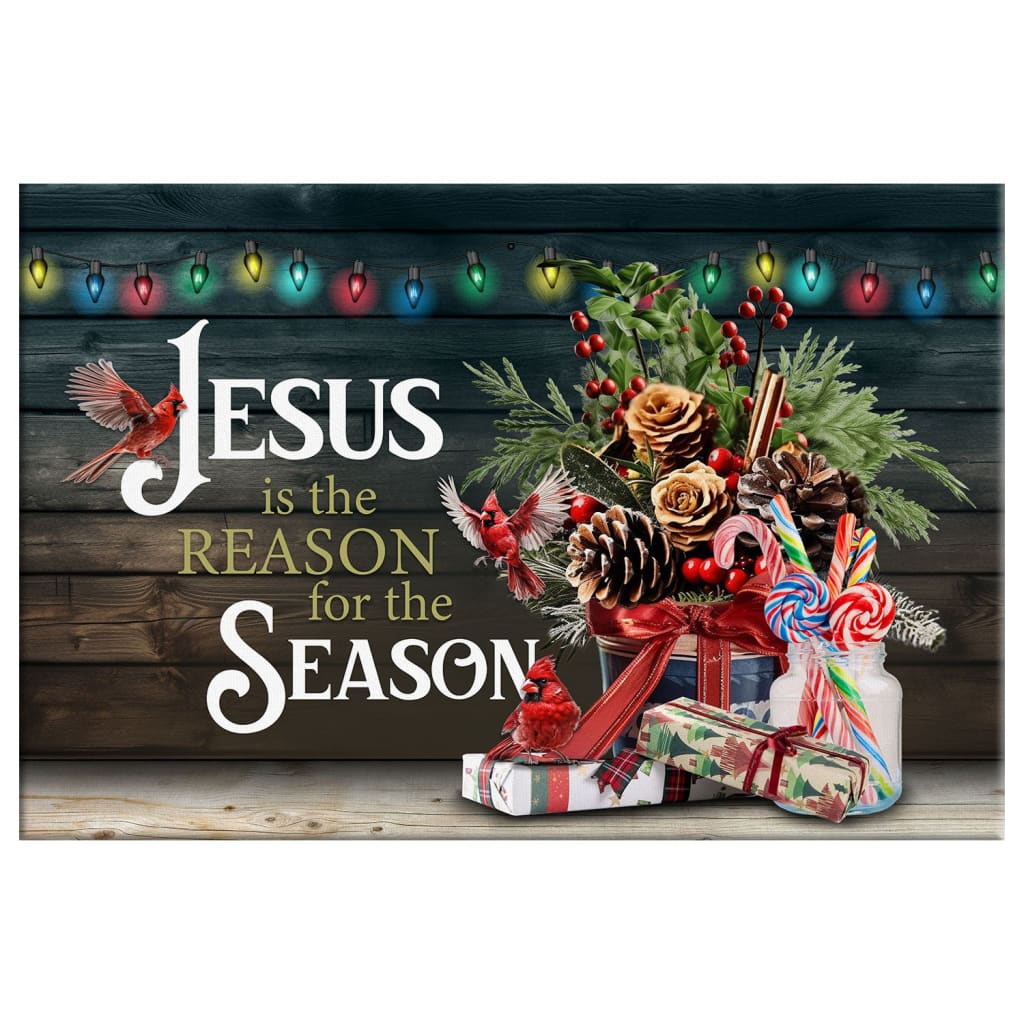 Religious Christmas wall art canvas with &quot;Jesus Is the Reason for the Season,&quot; red cardinals, and festive decorations, perfect Christian Christmas gift.