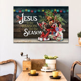 Jesus wall art with "Jesus Is the Reason for the Season," red cardinals, and festive elements, ideal Christian Christmas wall art.