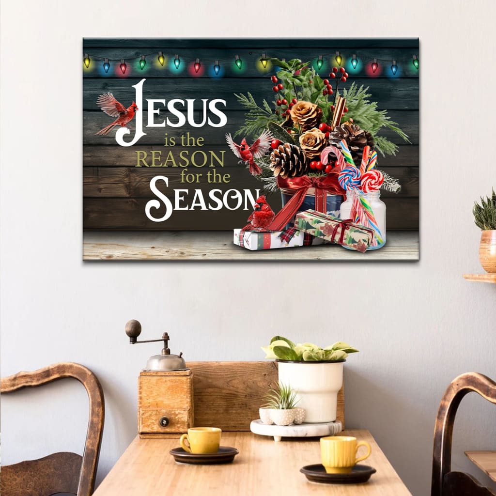Jesus wall art with &quot;Jesus Is the Reason for the Season,&quot; red cardinals, and festive elements, ideal Christian Christmas wall art.