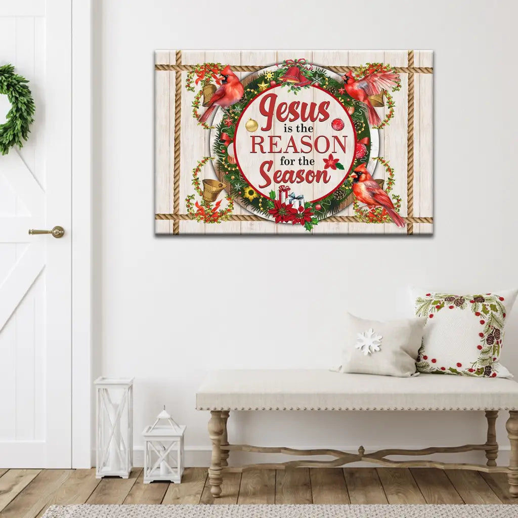 Religious Christmas wall art canvas with &quot;Jesus Is the Reason for the Season,&quot; cardinals, and Christmas wreath, perfect for faith-filled home decor.