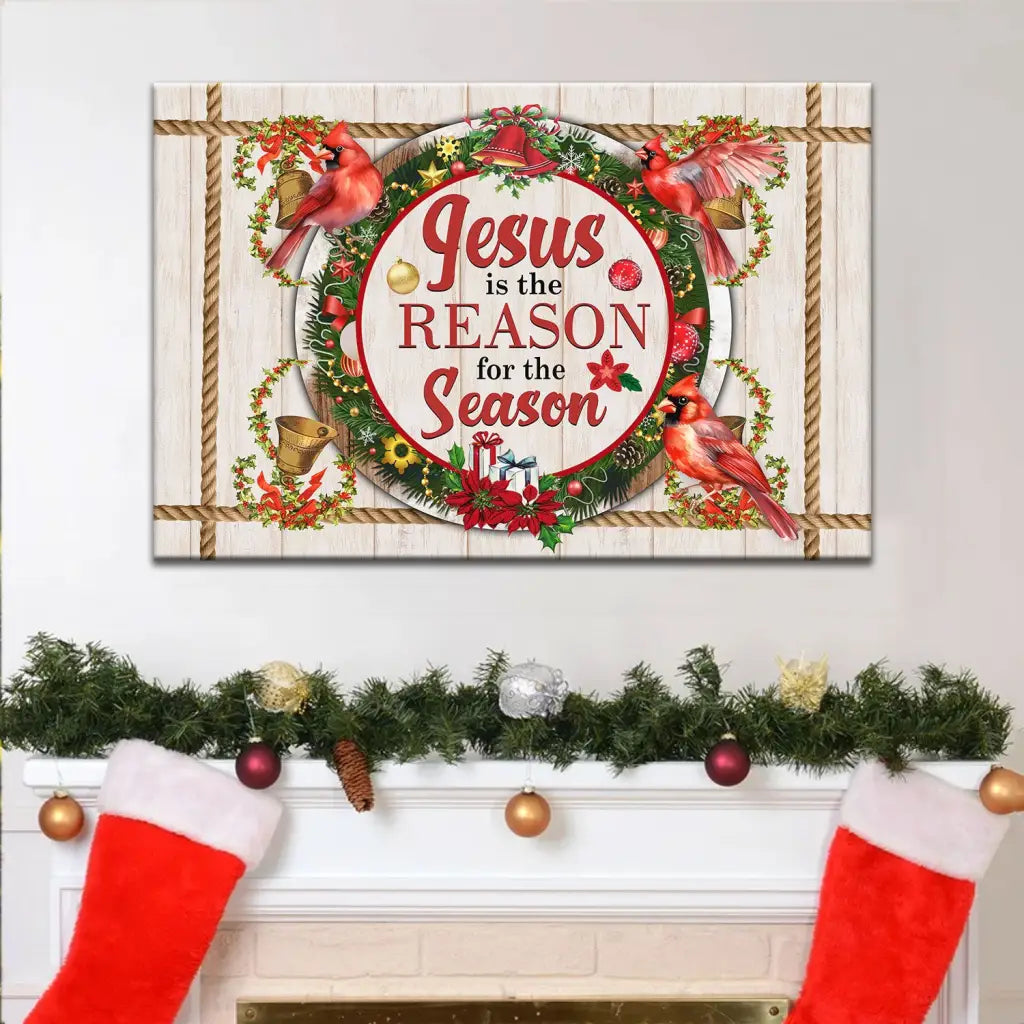 Faith-based Christmas wall art displaying &quot;Jesus Is the Reason for the Season&quot; with cardinals and wreath, great religious holiday decor.