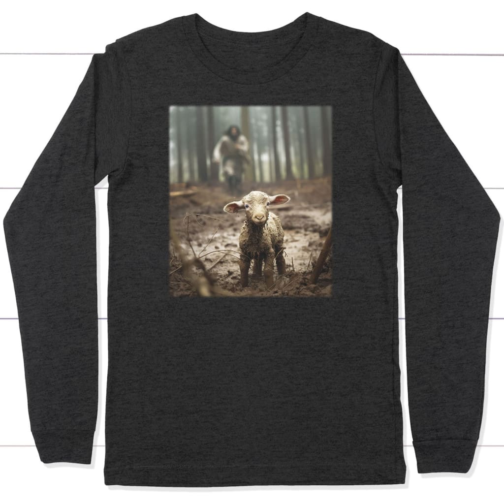 Jesus Lamb of God Running After Long Sleeve Shirt Dark Grey Heather / S