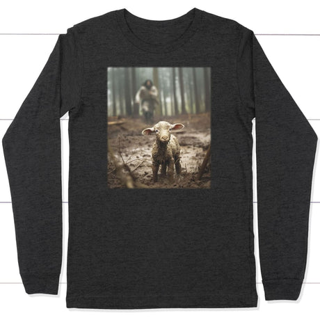 Jesus Lamb of God Running After Long Sleeve Shirt Dark Grey Heather / S