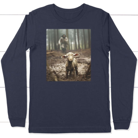Jesus Lamb of God Running After Long Sleeve Shirt Navy / S