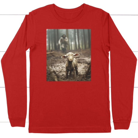 Jesus Lamb of God Running After Long Sleeve Shirt Red / S